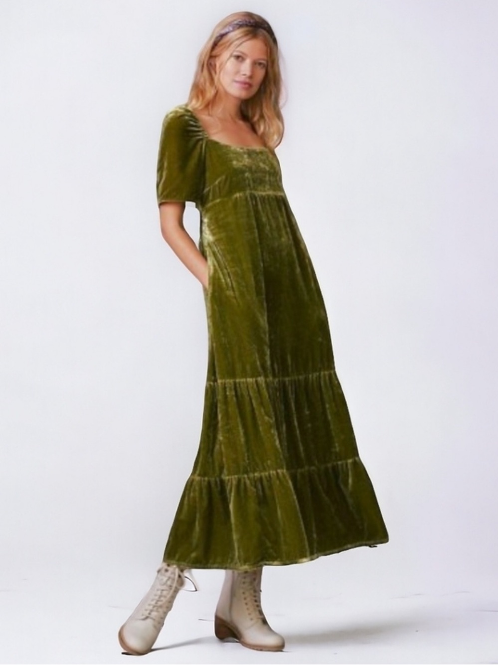 Anthropologie Olive Velvet Tiered Maxi 2 empire puff sleeves ruched lined Dress